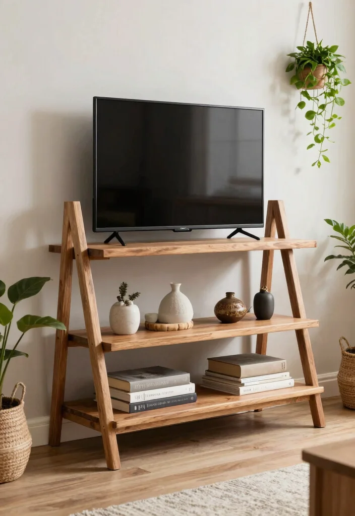 14 Farmhouse TV Stand Ideas That Hide All the Cords - 10. Ladder-Style TV Stand 1