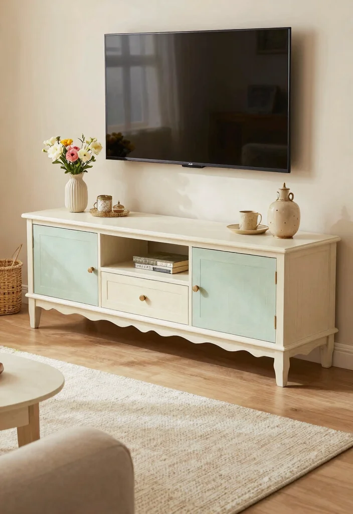 14 Farmhouse TV Stand Ideas That Hide All the Cords - 11. Shabby Chic Farmhouse Stand 1