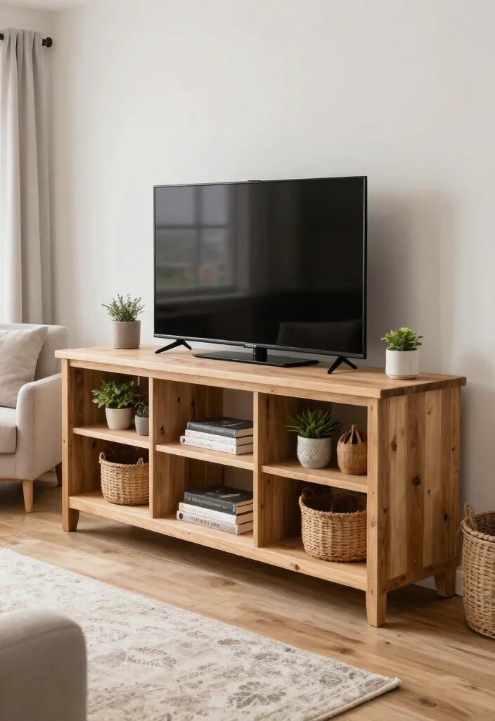 14 Farmhouse TV Stand Ideas That Hide All the Cords - 2. Open Shelf Farmhouse Stand 1