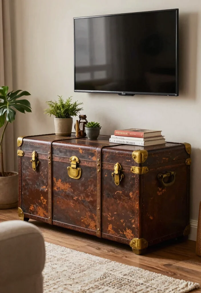 14 Farmhouse TV Stand Ideas That Hide All the Cords - 4. Vintage Trunk TV Stand 1