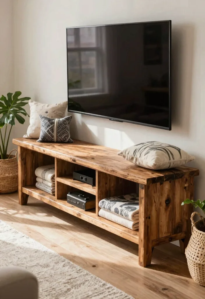 14 Farmhouse TV Stand Ideas That Hide All the Cords - 5. Multi-Functional Farmhouse Bench Stand 1