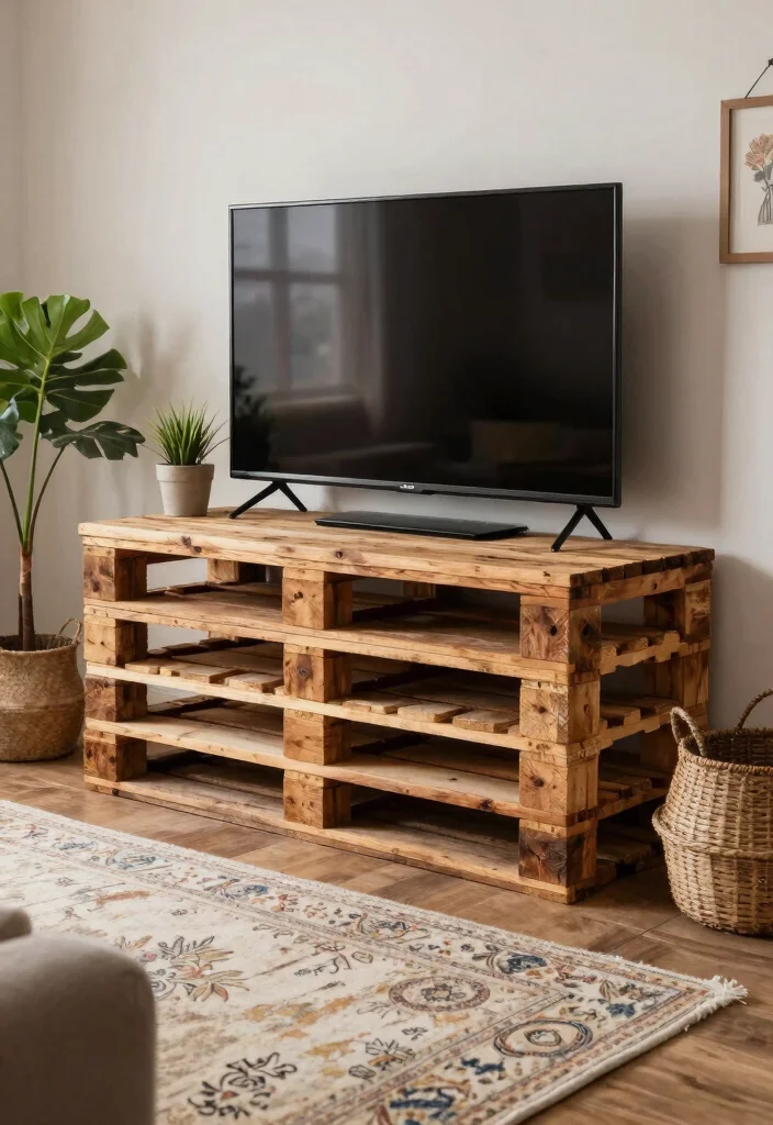 14 Farmhouse TV Stand Ideas That Hide All the Cords - 6. Rustic Pallet Stand 1