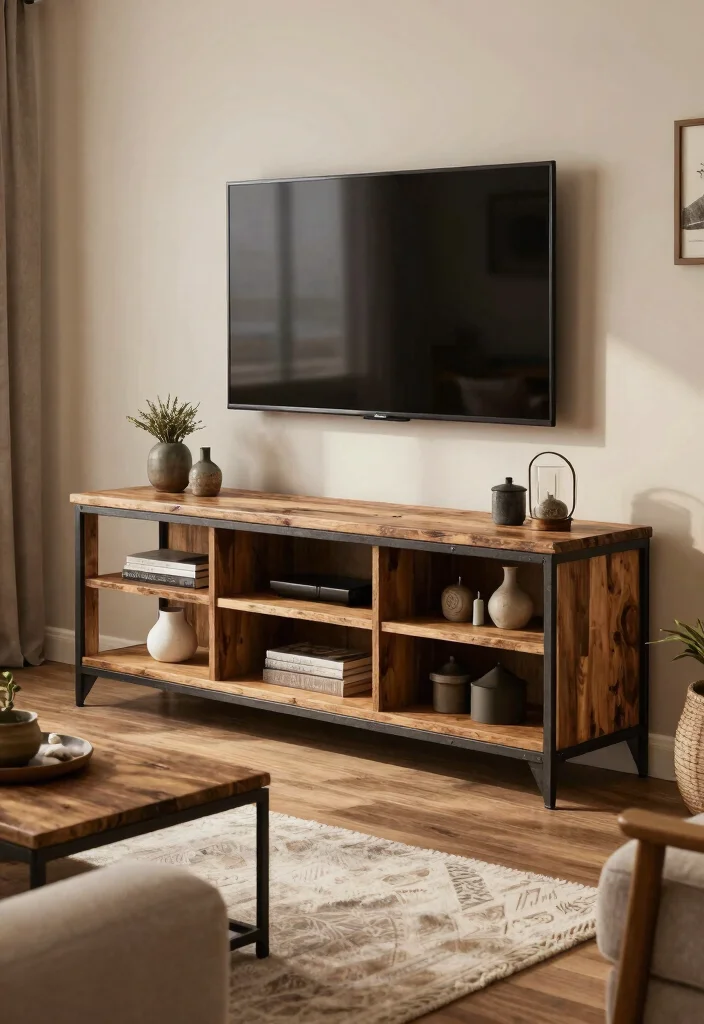 14 Farmhouse TV Stand Ideas That Hide All the Cords - 9. Wood and Metal Fusion Stand 1