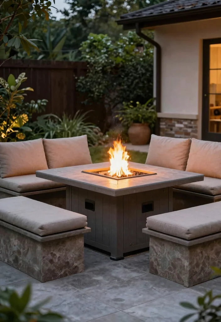 14 Fire Pit Table Ideas That Add Warmth Without Taking Up Your Whole Patio - 9. Fire Pit Table with Built-in Seating: Space-Saving Solution 1