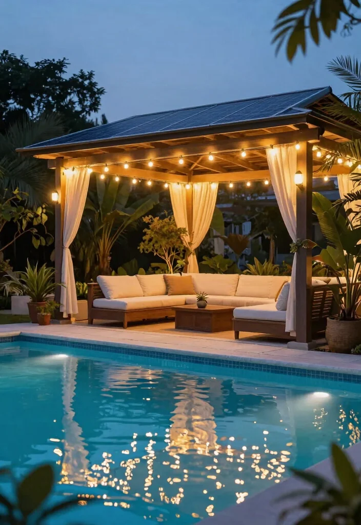 14 Pergola by Pool Ideas That Provide Full Shade All Day - 10. Solar-Powered Pergola with Lighting 1