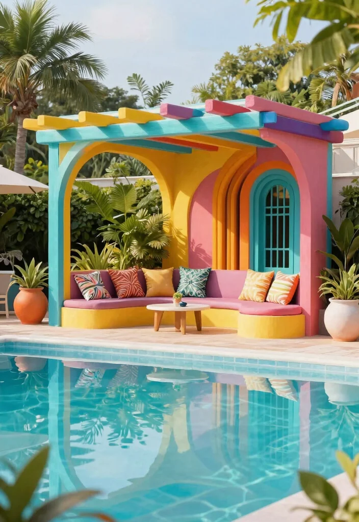 14 Pergola by Pool Ideas That Provide Full Shade All Day - 11. Artistic Pergola with Unique Shapes 1