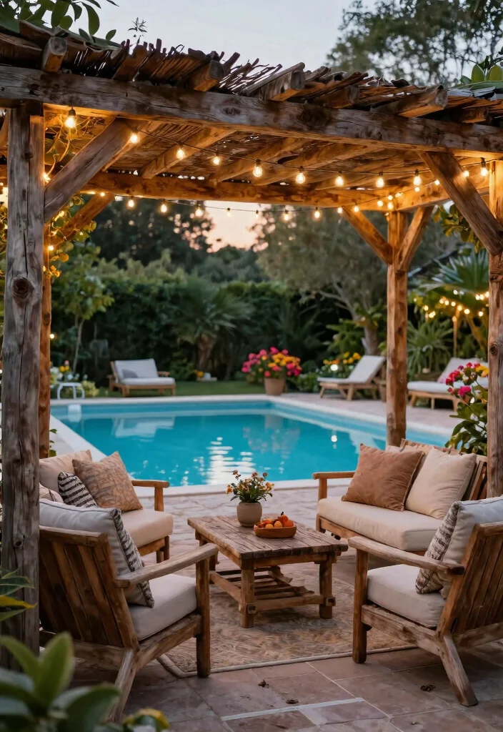 14 Pergola by Pool Ideas That Provide Full Shade All Day - 13. Rustic Pergola with Vintage Charm 1