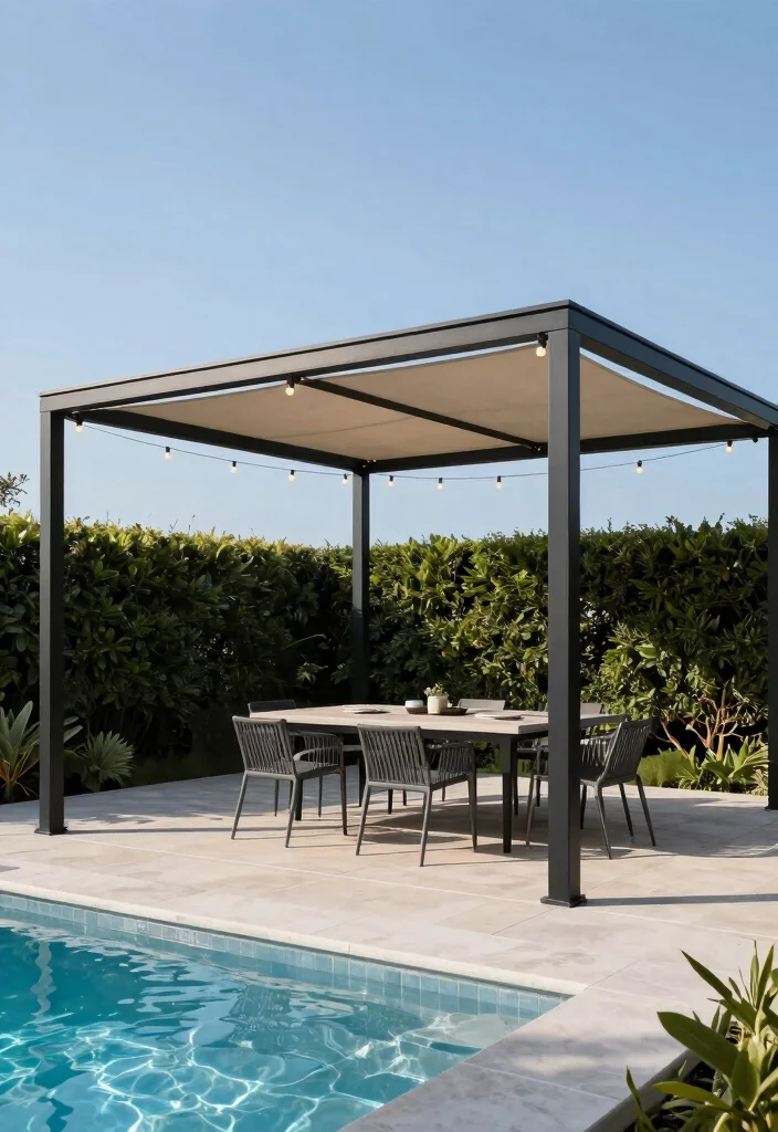 14 Pergola by Pool Ideas That Provide Full Shade All Day - 2. Metal Frame Pergola for Modern Appeal 1