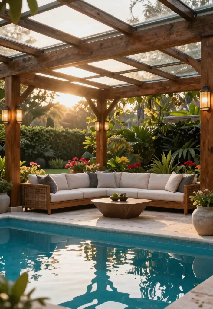 14 Pergola by Pool Ideas That Provide Full Shade All Day - 5. Combination of Wood and Glass Pergola 1