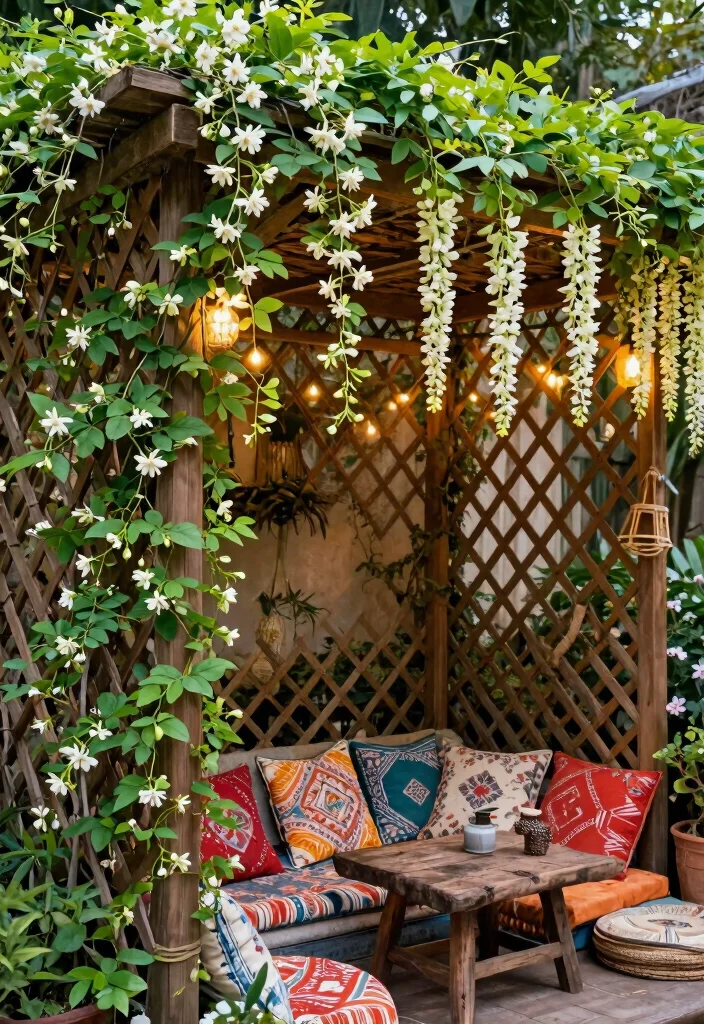 15 Boho Pergola Ideas That Provide Full Shade and Privacy - 1. Lattice and Climbing Vines 1