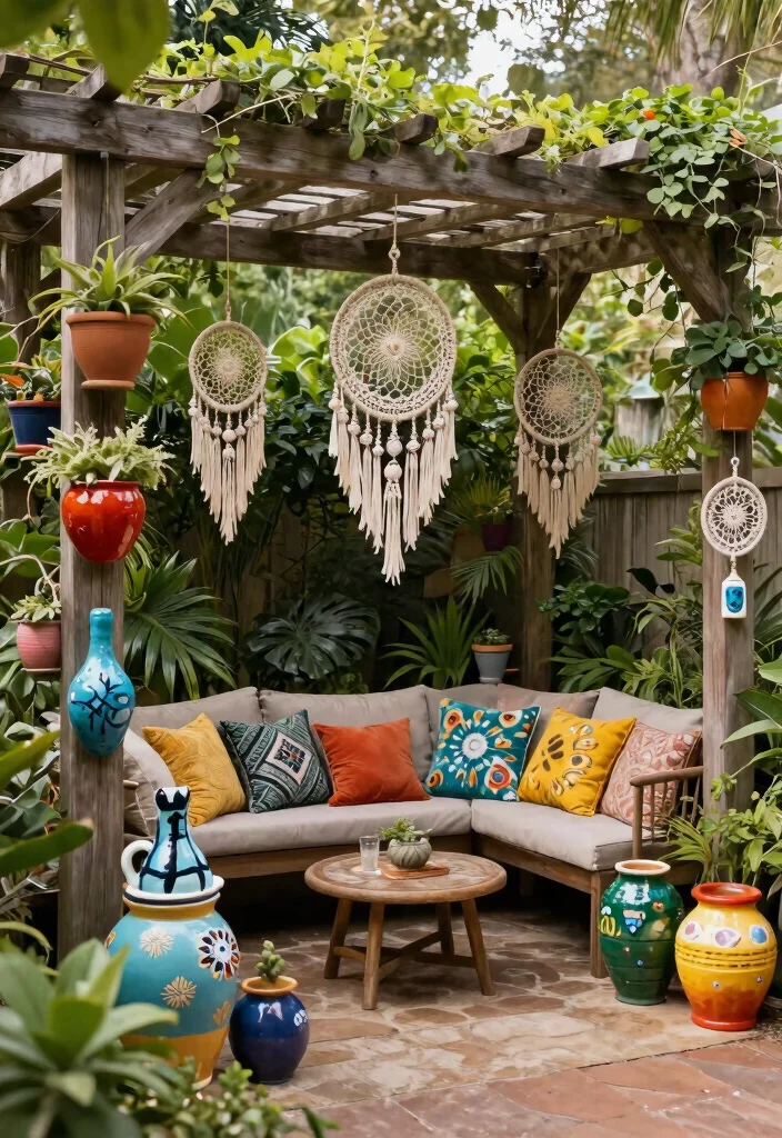 15 Boho Pergola Ideas That Provide Full Shade and Privacy - 14. Artistic Accents 1