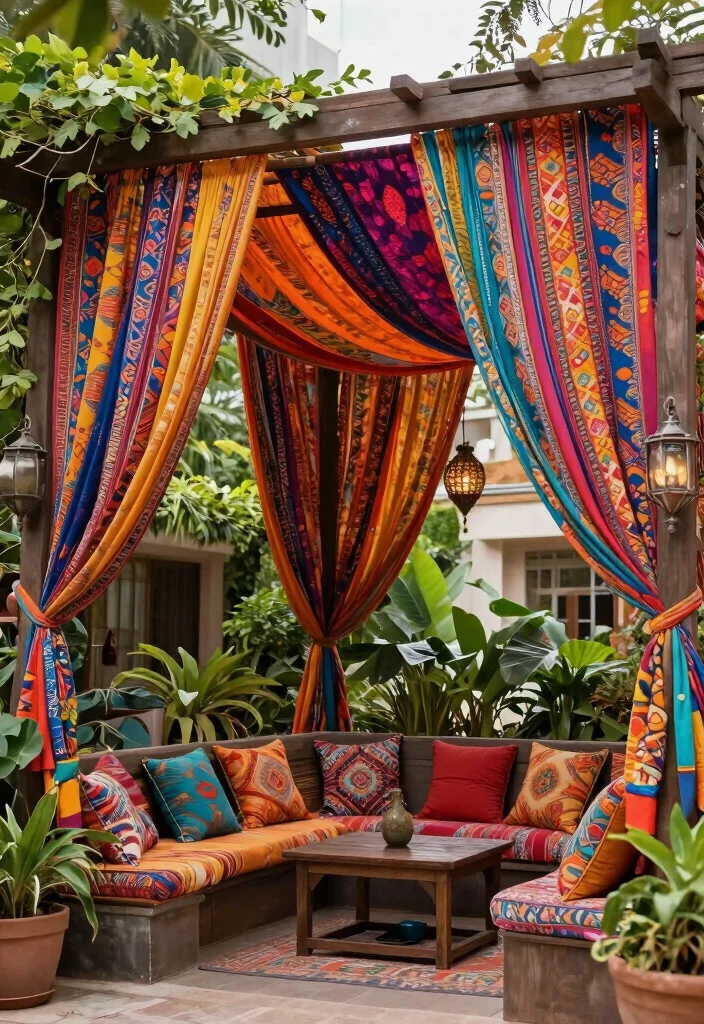 15 Boho Pergola Ideas That Provide Full Shade and Privacy - 7. Colorful Drapery 1