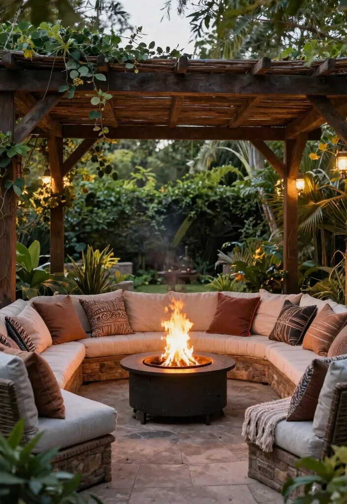15 Boho Pergola Ideas That Provide Full Shade and Privacy - 8. Pergola with Fire Pit 1