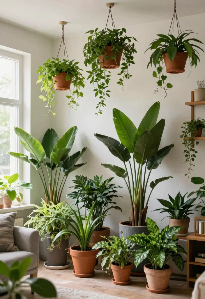 15 Ceiling Plant Hanger Concepts That Hold Multiple Pots Safely - 10. Layered Plants for a Textured Look 1