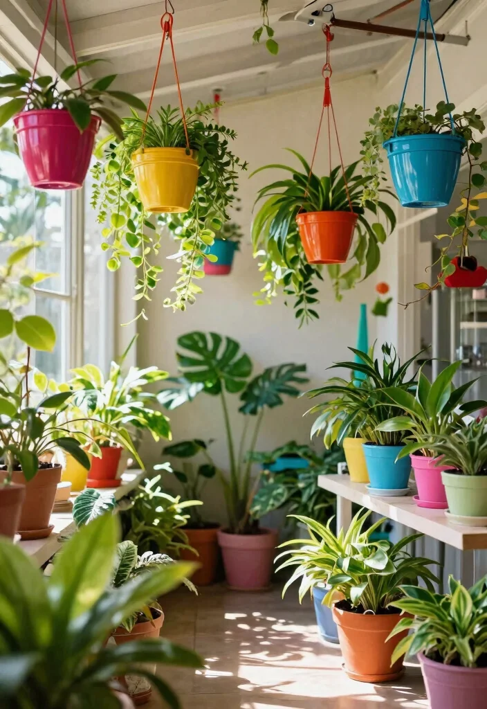 15 Ceiling Plant Hanger Concepts That Hold Multiple Pots Safely - 14. Colorful Pots for a Bright Accent 1
