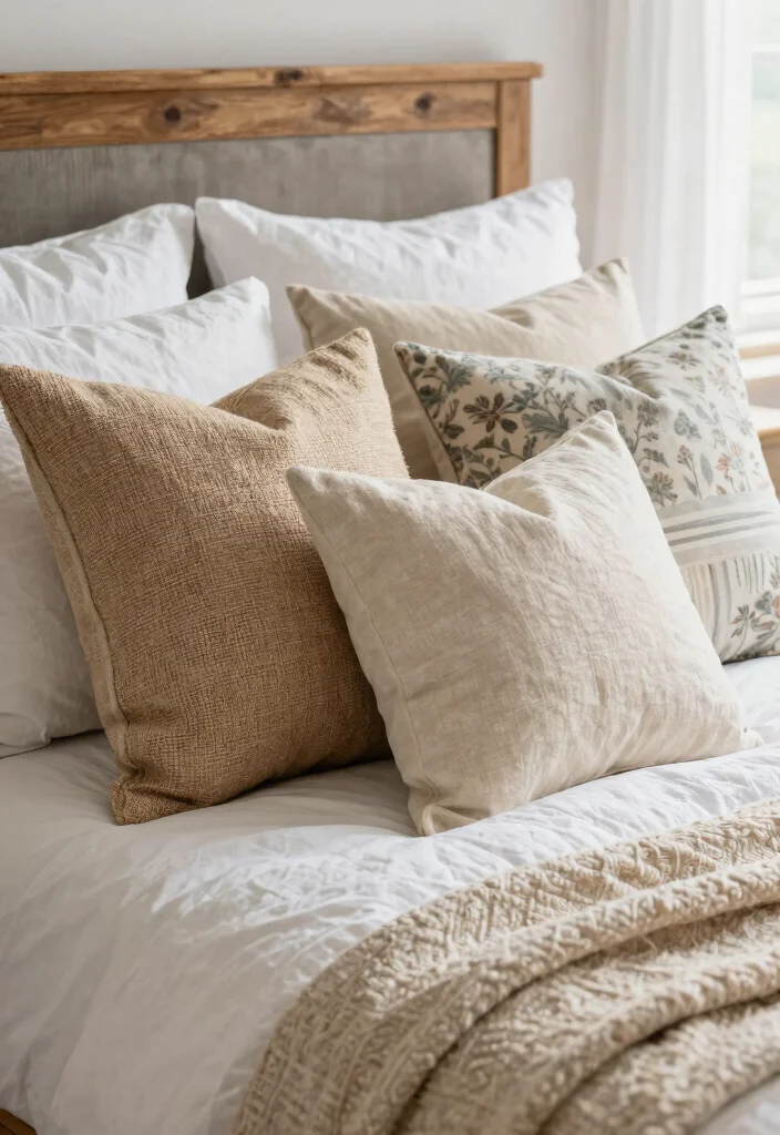 15 Farmhouse Decor Bedroom Ideas on a Budget That Look Cohesive - 1. Layered Textures with Throw Pillows 1