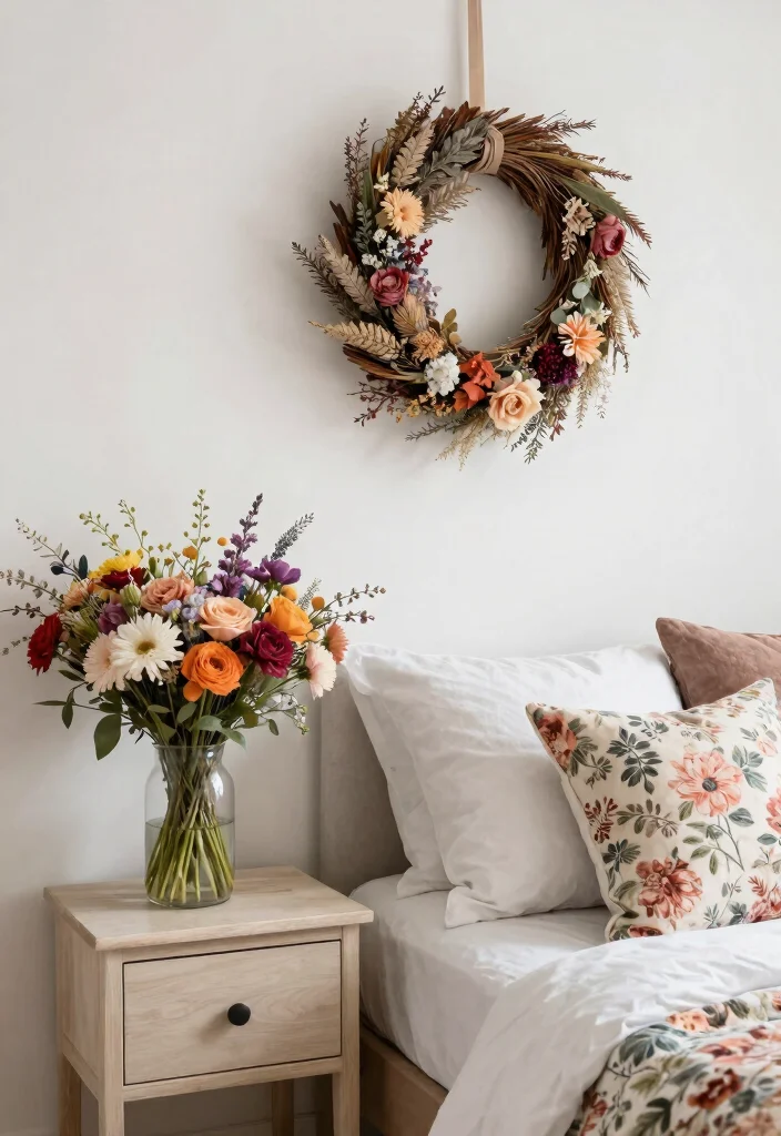 15 Farmhouse Decor Bedroom Ideas on a Budget That Look Cohesive - 10. Floral Accents and Wreaths 1
