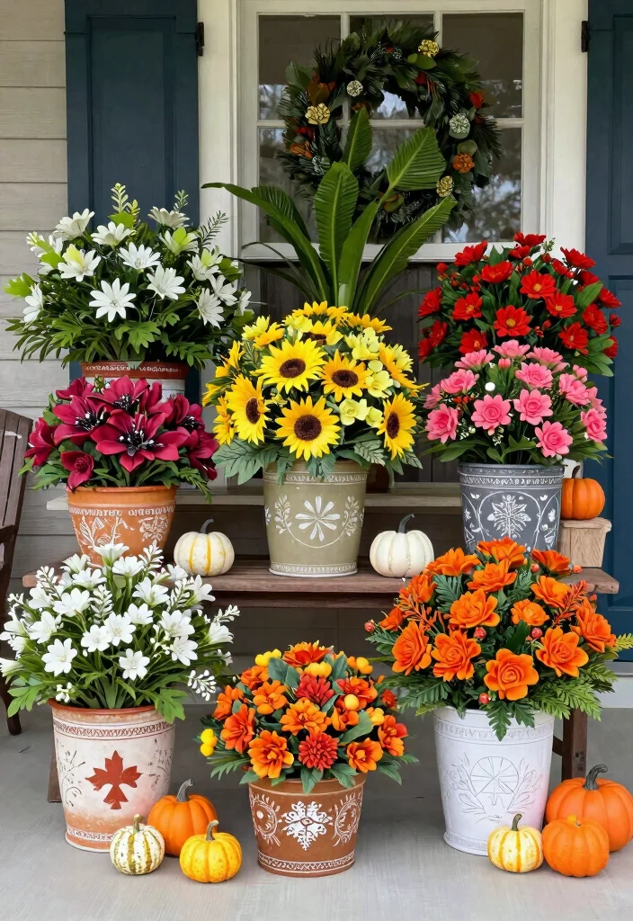 15 Faux Plants for Front Porch That Actually Fool Neighbors - 13. Colorful Faux Seasonal Arrangements 1