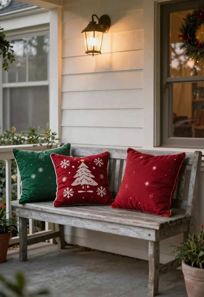 15 Front Porch Christmas Ideas That Welcome Without Clutter - 11. Holiday-Themed Cushions 1