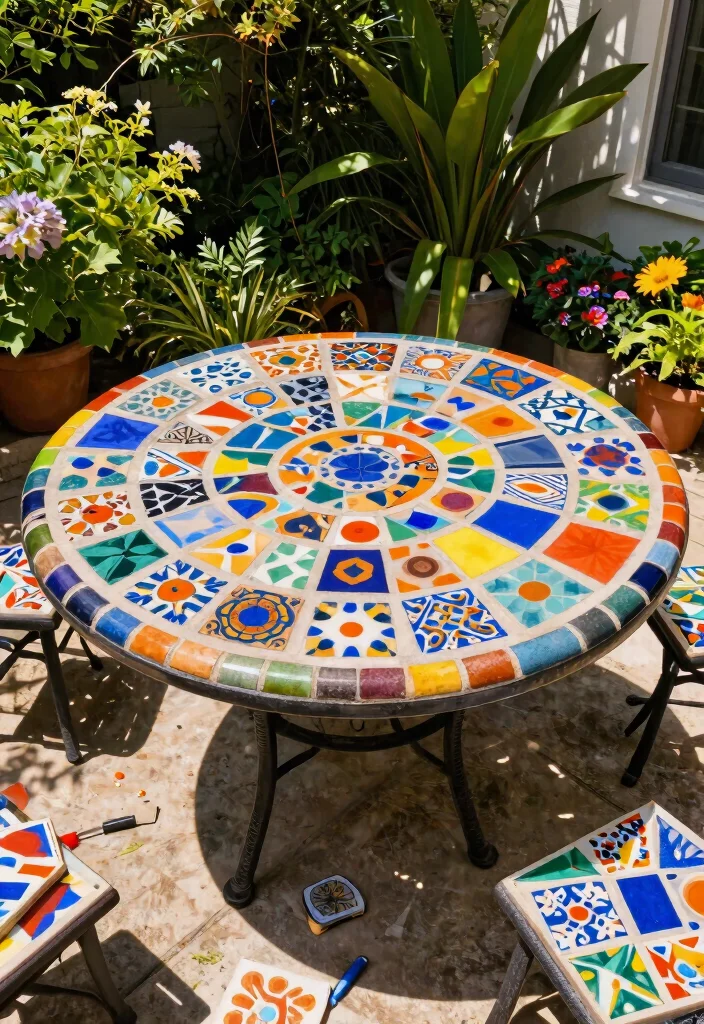 15 Mosaic Patio Table Ideas You Can DIY Without Breaking Tiles - 1. Colorful Tile Chaos 1