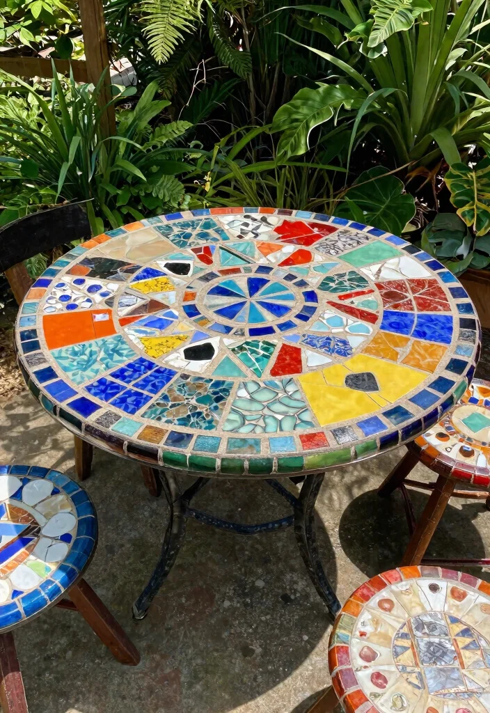 15 Mosaic Patio Table Ideas You Can DIY Without Breaking Tiles - 10. Upcycled Treasures 1