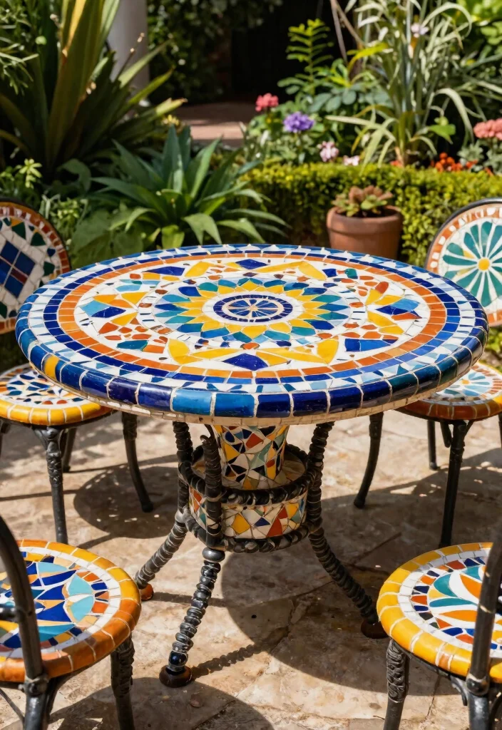 15 Mosaic Patio Table Ideas You Can DIY Without Breaking Tiles - 12. Statement Centerpiece 1