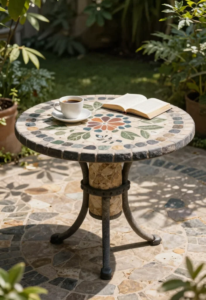 15 Mosaic Patio Table Ideas You Can DIY Without Breaking Tiles - 2. Nature-Inspired Mosaic 1