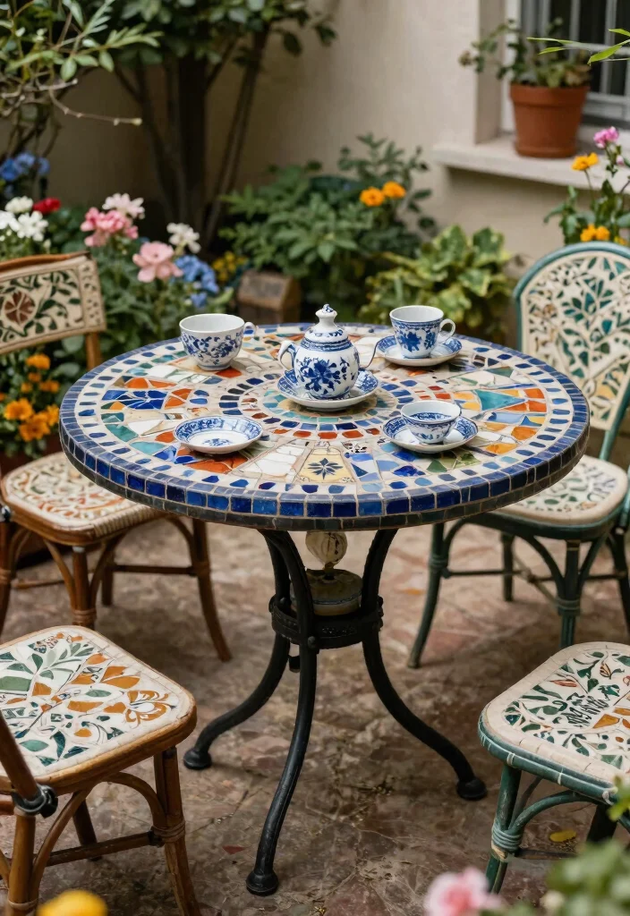 15 Mosaic Patio Table Ideas You Can DIY Without Breaking Tiles - 4. Vintage Charm 1