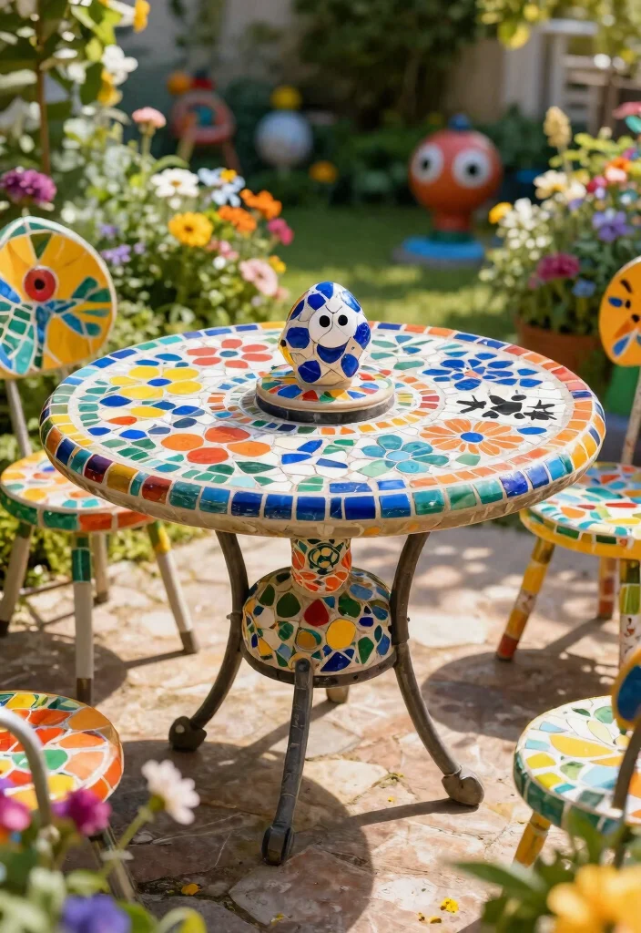 15 Mosaic Patio Table Ideas You Can DIY Without Breaking Tiles - 7. Whimsical Garden Theme 1