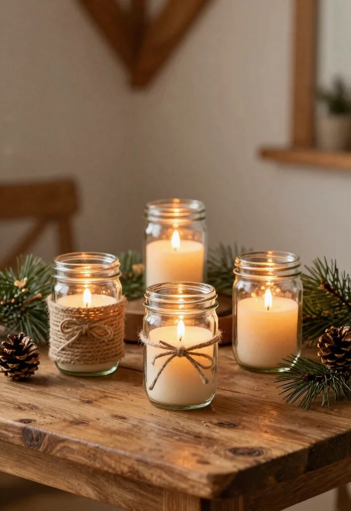15 Rustic Farmhouse Christmas Ideas on a Budget That Look High-End - 1. Upcycled Mason Jar Candle Holders 1