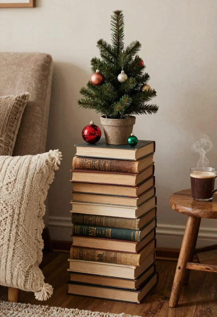 15 Rustic Farmhouse Christmas Ideas on a Budget That Look High-End - 4. Vintage Books as Decorative Stands 1