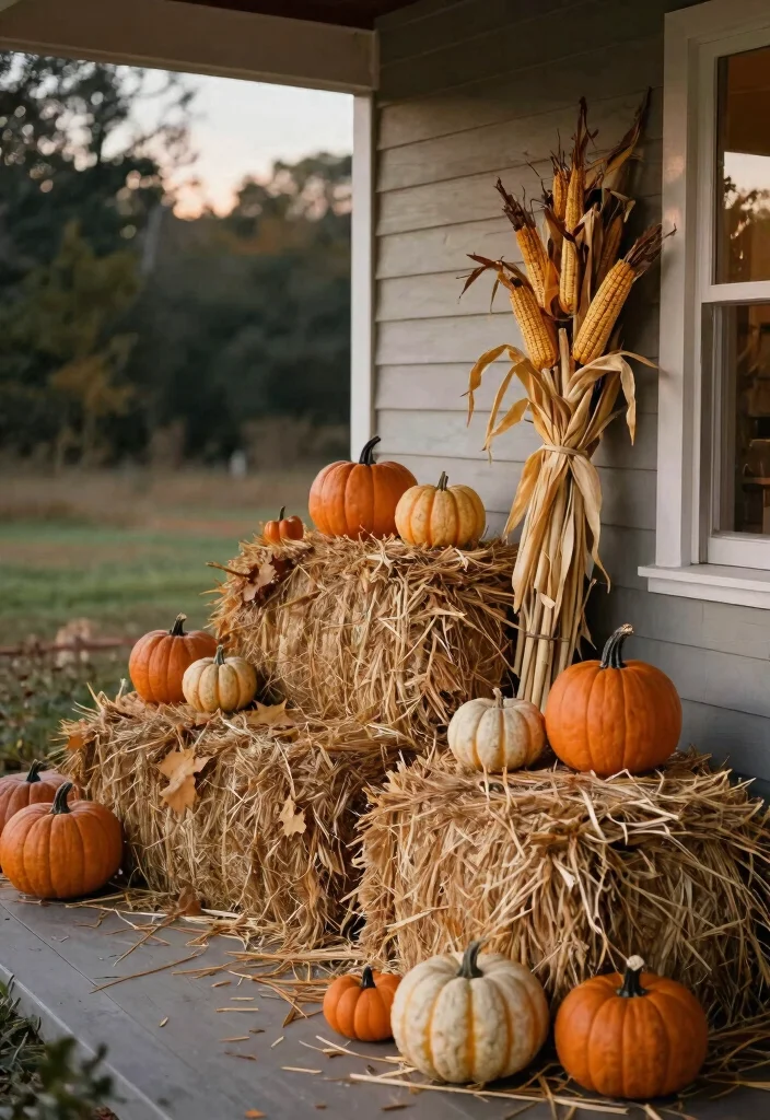 15 Small Porch Halloween Decor Ideas That Make a Big Impact - 13. Hay Bales and Corn Stalks 1