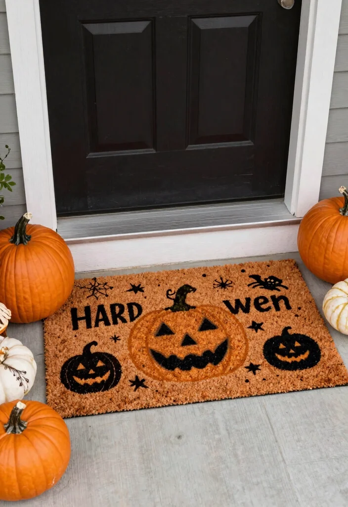 15 Small Porch Halloween Decor Ideas That Make a Big Impact - 15. Themed Welcome Mat 1