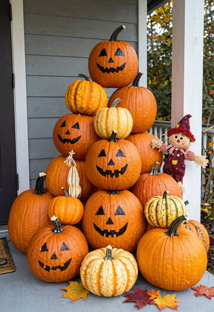 15 Small Porch Halloween Decor Ideas That Make a Big Impact - 2. Pumpkin Stacks 1