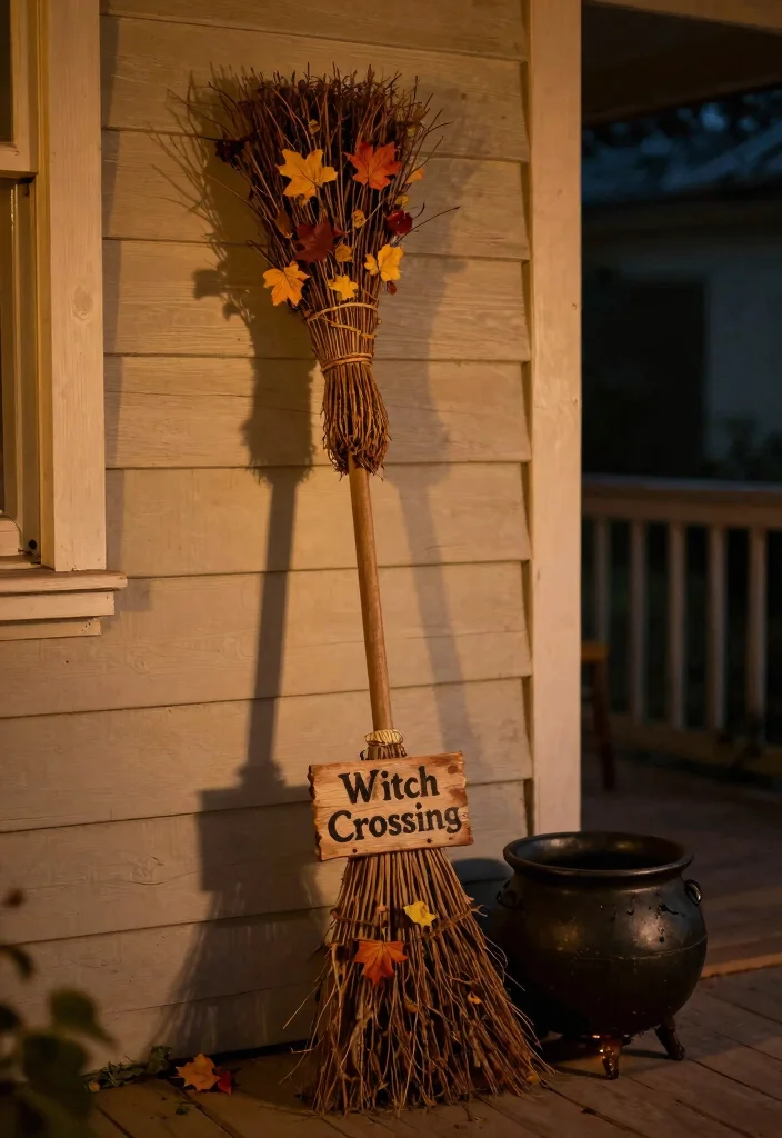 15 Small Porch Halloween Decor Ideas That Make a Big Impact - 5. Witch’s Broom Display 1