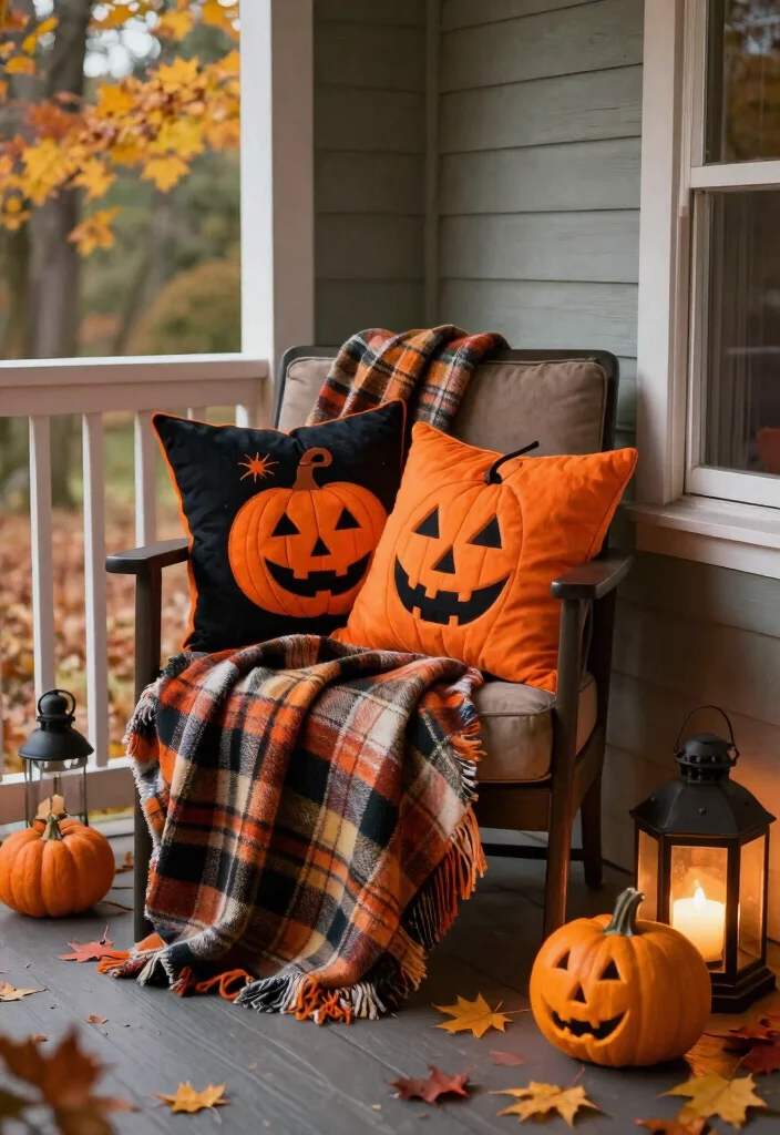 15 Small Porch Halloween Decor Ideas That Make a Big Impact - 9. Cozy Blankets and Pillows 1
