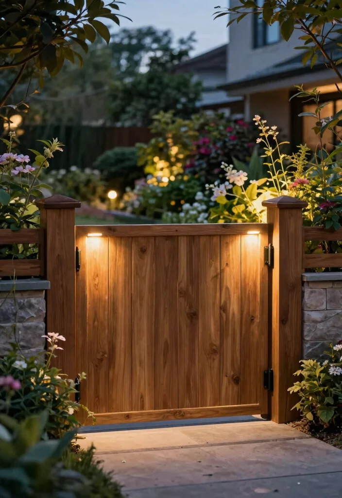 15 Wooden Fence Gate Ideas That Don't Sag After One Season - 15. Gate with Integrated Lighting 1
