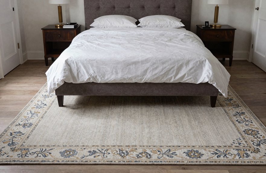 How to Place Master Bedroom Rugs in 5 Steps 5 tilt rug to frame bed and paths