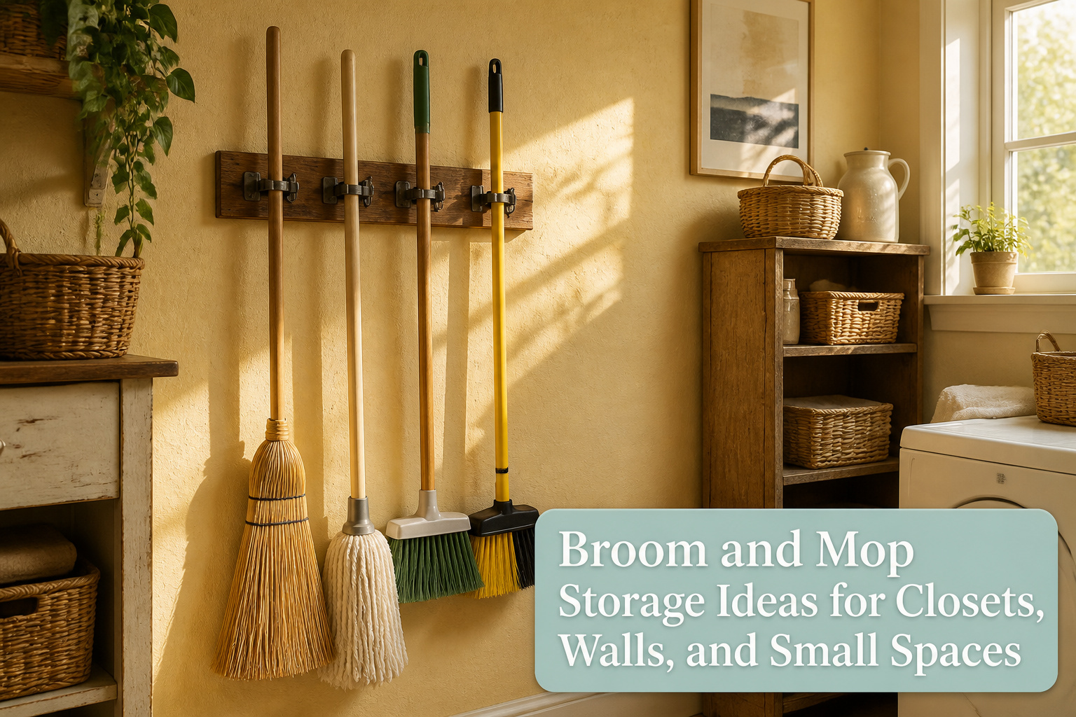 Back closet door with a utility hook and zip tie holding a broom and mop.