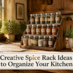 Various spice rack ideas arranged in a well-organized kitchen setting.
