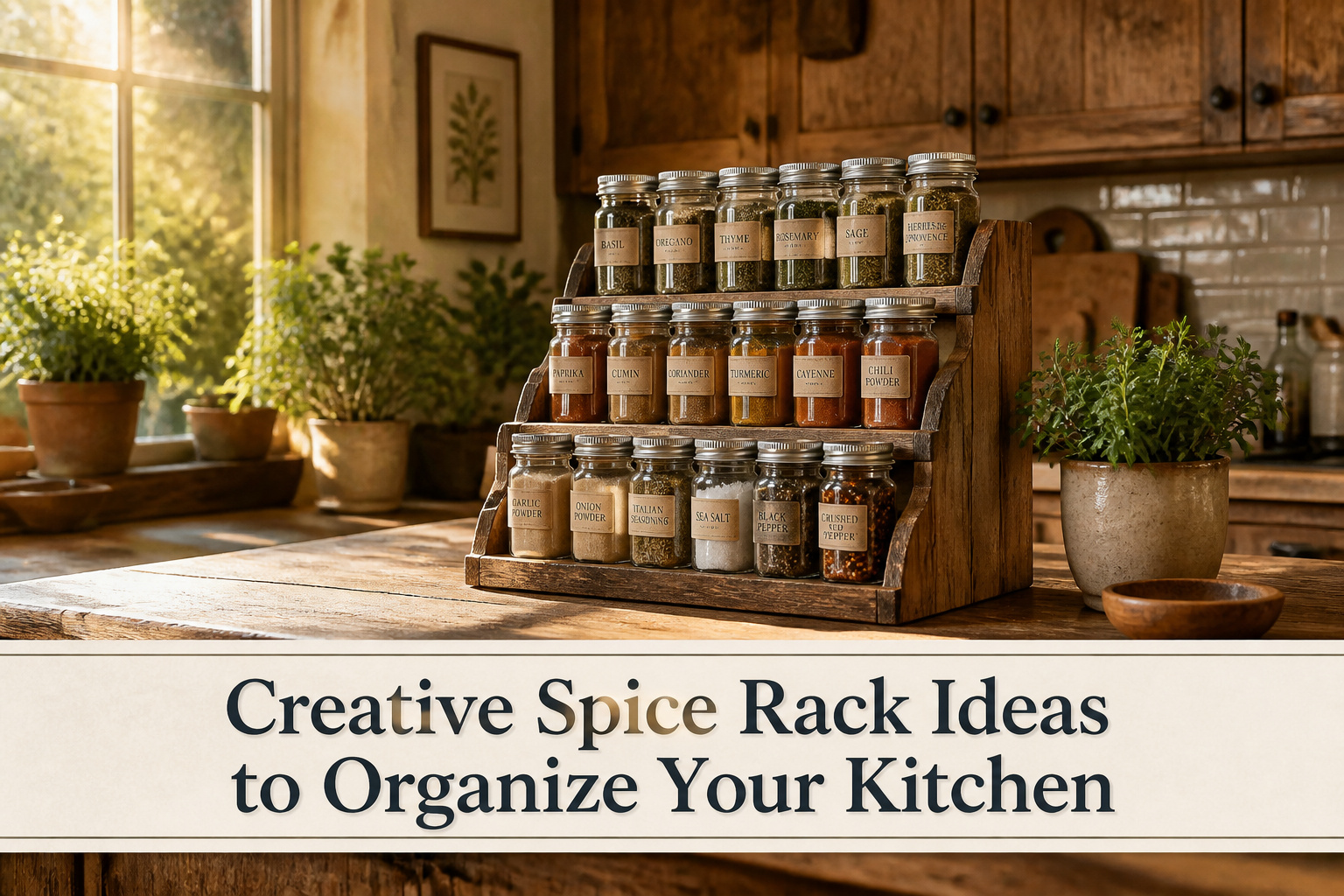 Various spice rack ideas arranged in a well-organized kitchen setting.