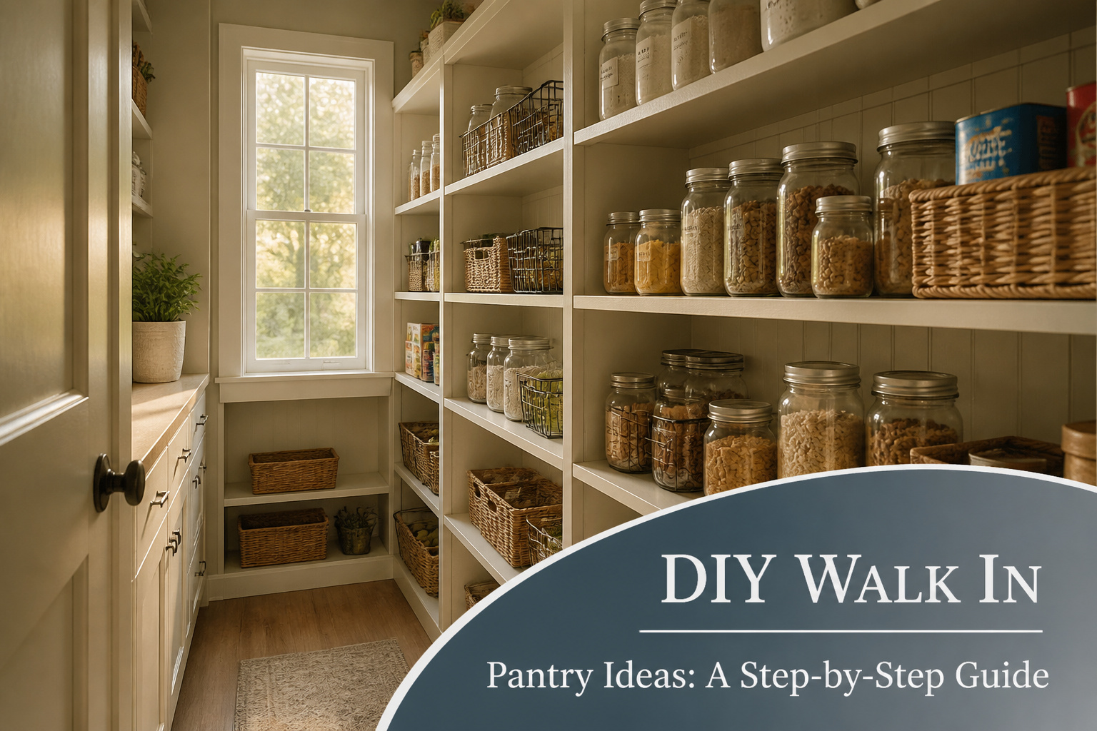 A spacious walk-in pantry filled with neatly arranged shelves and storage.