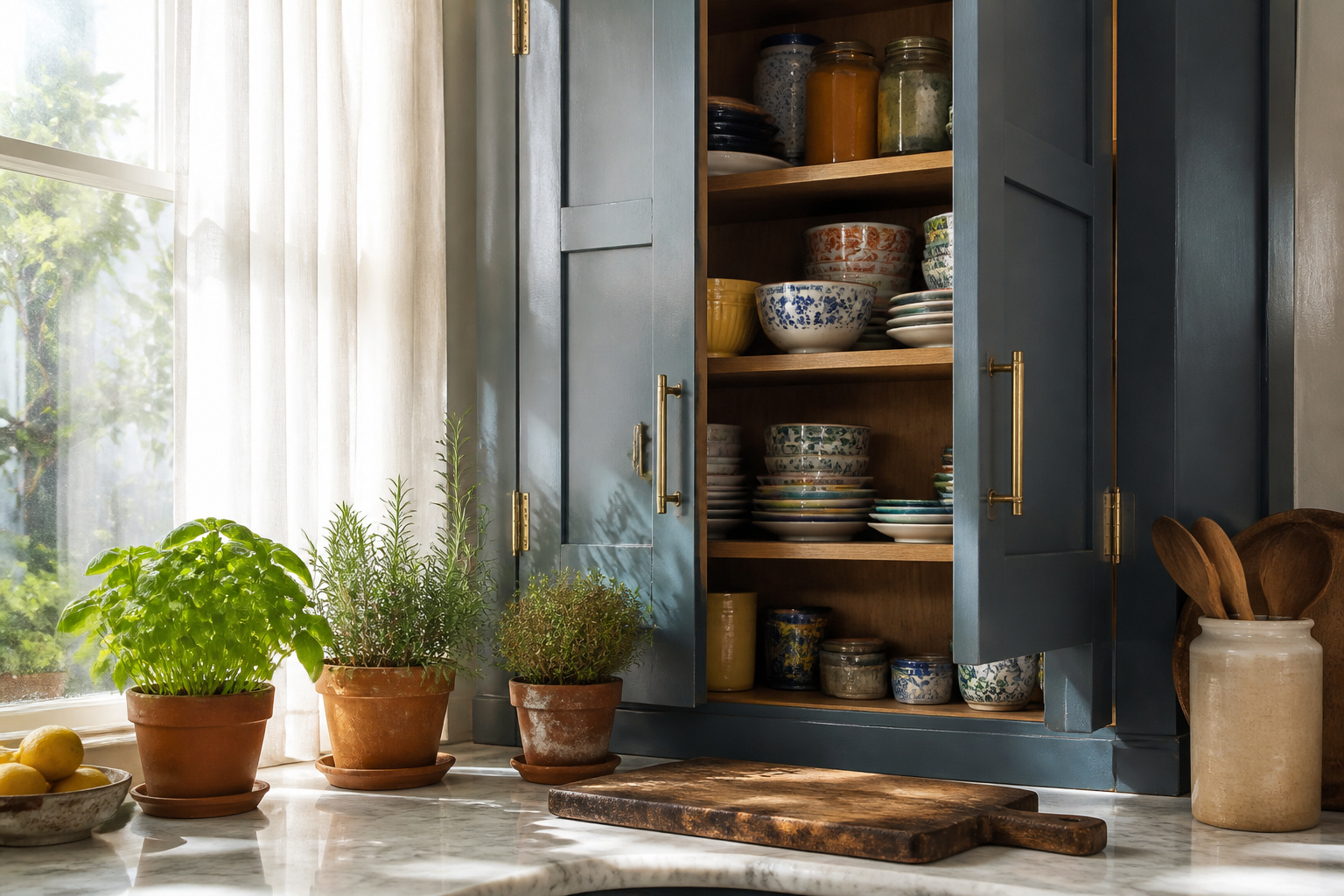 Modern kitchen with various cabinet styles and colors.