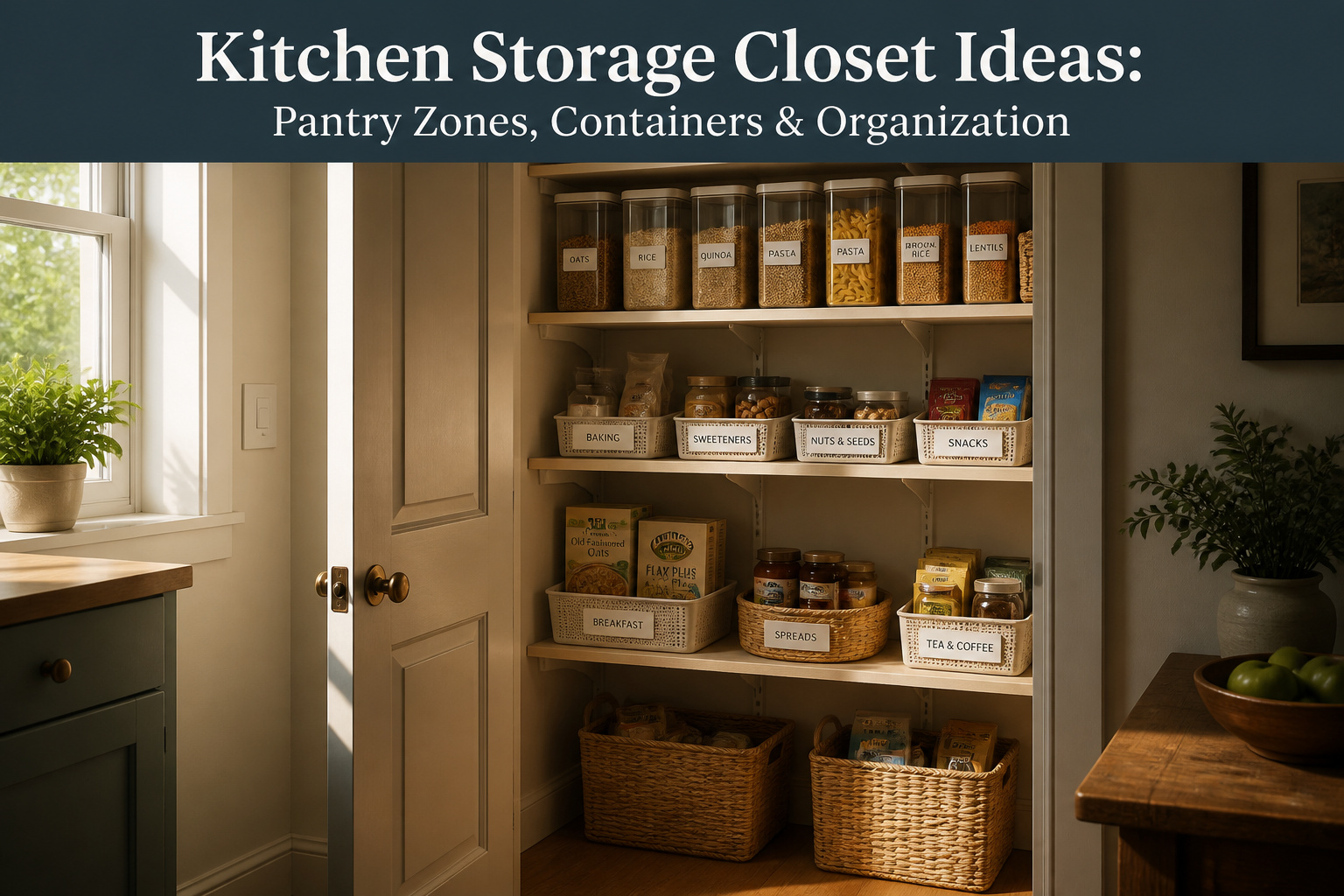 An organized pantry with labeled containers and neatly arranged food items.