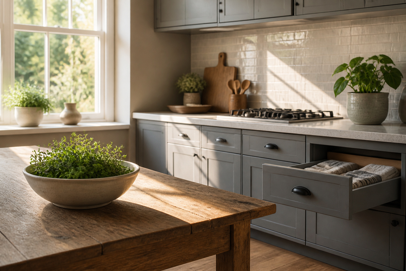 A modern kitchen with various storage and organization solutions.