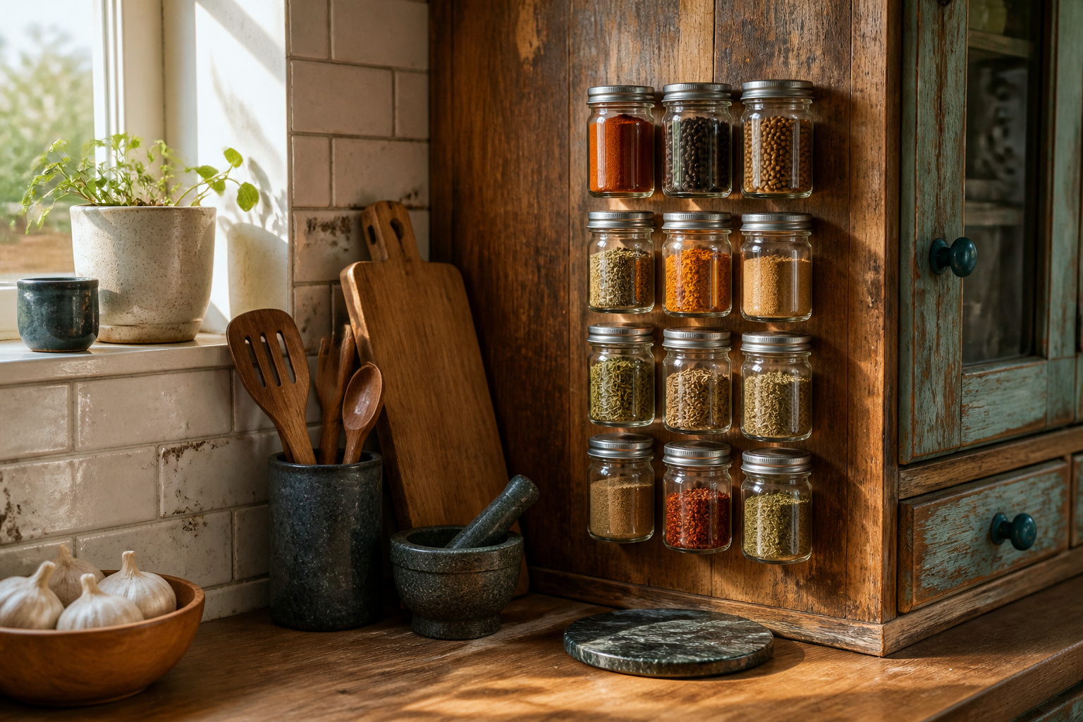 A variety of magnetic spice containers arranged on a steel sheet.
