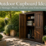 A variety of outdoor cupboards in a garden setting.