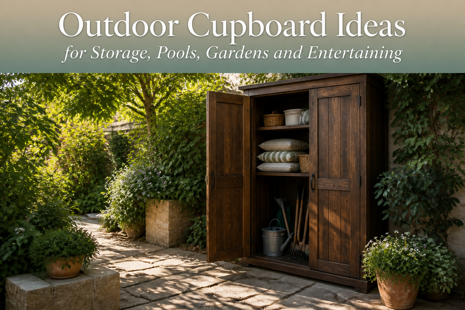 A variety of outdoor cupboards in a garden setting.