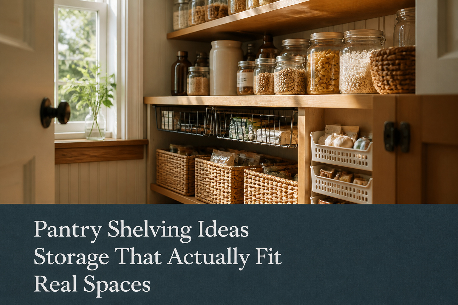 Organized pantry with clear jars and wooden shelving.