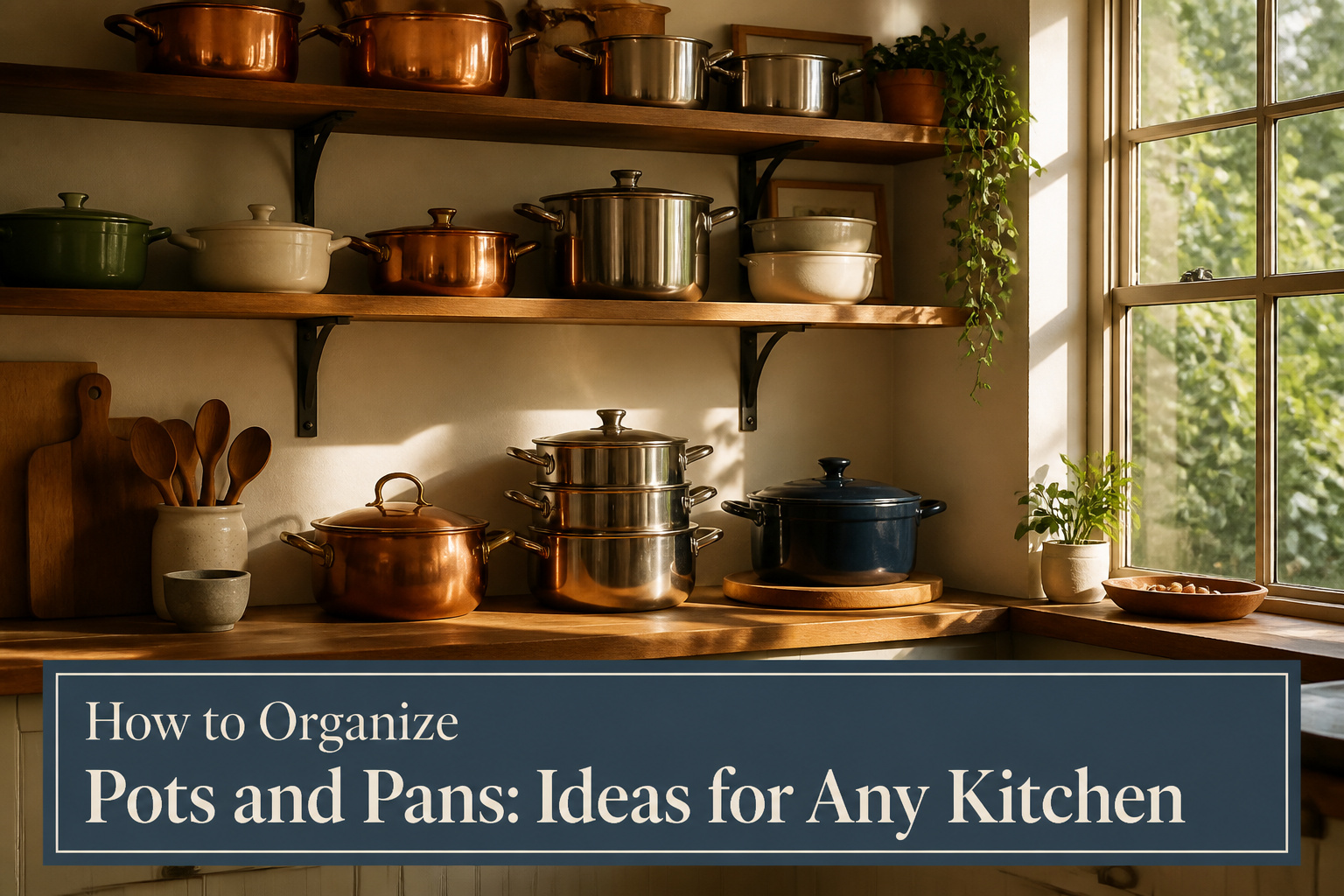 A neatly organized kitchen with various pots and pans displayed.
